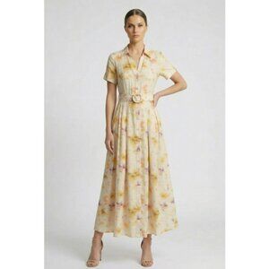 Watercolor Floral Button Front Maxi Dress With Belt in Ivory